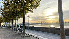 Düsseldorfs Uferpromenade mit Blick auf den Fernsehturm.