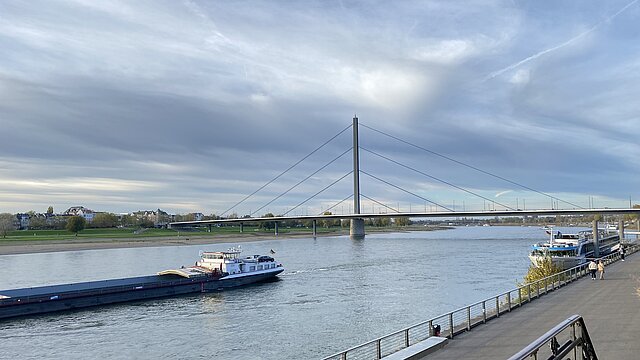 Rhein mit Brücke und einem Schiff