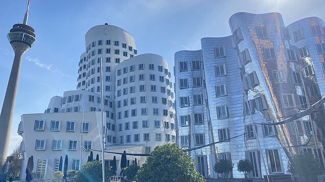 Der Rheinturm neben den Frank Gehry Bauten
