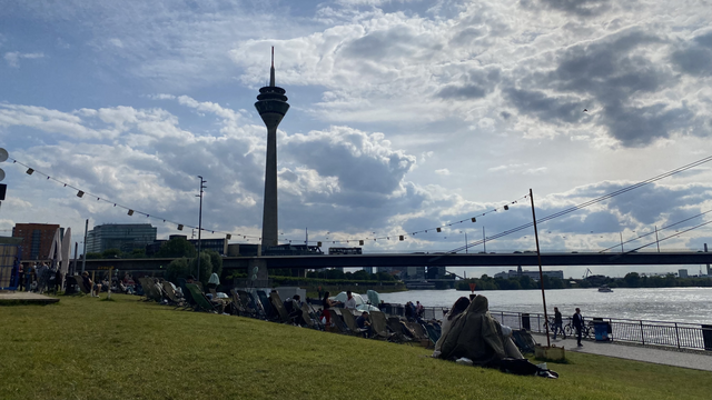 Menschen sitzen auf der Wiese mit Rhein und Rheinturm im Hintergrund